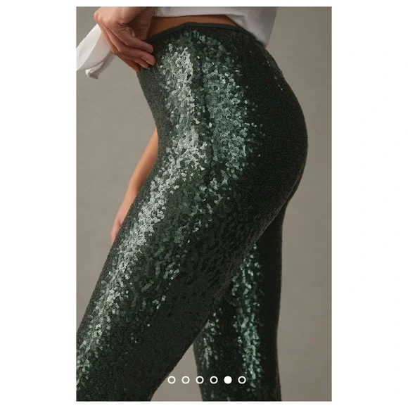 NWOT Anthropologie Joni Sequin Flare Pants in Dark Green Size 10 - Picture 5 of 14